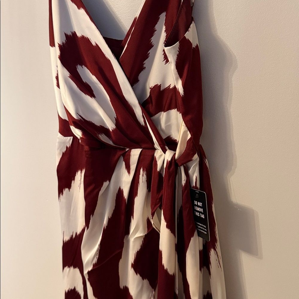 NWT Express Ikat Surplice Wrap Midi Dress Burgundy Satin Spaghetti Straps Size S - Picture 6 of 10